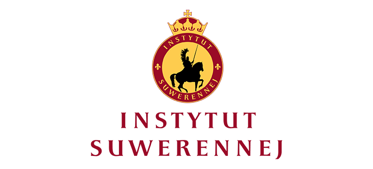 Logotyp Instytutu Suwerennej: Czarna postać husarza na koniu zwrócona w prawą stronę, na żółtym tle na planie koła, otoczona bordową obręczą, na której po bokach widnieją dwie żółte lilie, na górze żółty napis Instytut, na dole Suwerennej. Całość zwieńczona zamkniętą koroną. Pod spodem bordowy napis Instytut Suwerennej.