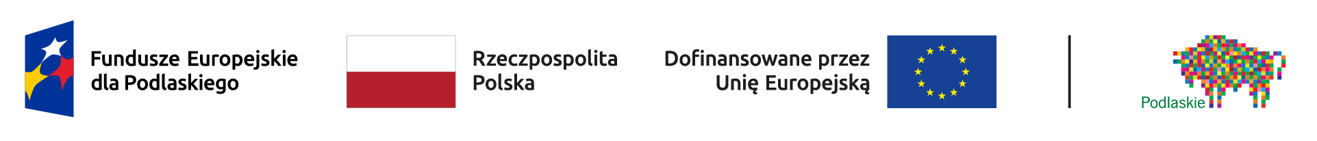 Na grafice w linii poziomej znajdują się logotypy: 1. Niebieski romb z wpisanymi trzema pięcioramiennymi gwiazdami - białą, czerwoną i żółtą. Po prawej stronie od logotypu znajduje się napis Fundusze Europejskie dla Podlaskiego; 2. Flaga Polski, po prawej stronie napis Rzeczpospolita Polska; 3. Napis dofinansowane przez Unię Europejską, po prawej stronie flaga Unii Europejskiej; 4. Logotyp województwa podlaskiego - napis podlaskie, po jego prawej stronie wizerunek żubra zwróconego w lewą stronę, zbudowanego z różnokolorowych kwadracików.