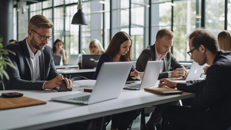 Grupa ludzi siedzi w sali przed laptopami, wpatrują się w ekrany.